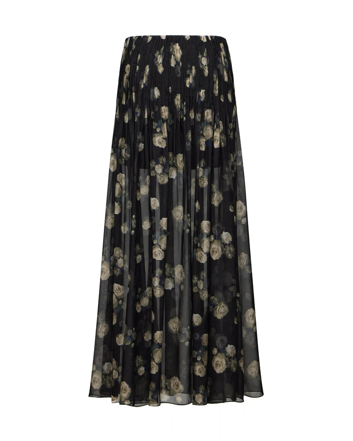 Iya, maxi skirt made of black chiffon with floral print