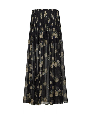 Iya, maxi skirt made of black chiffon with floral print