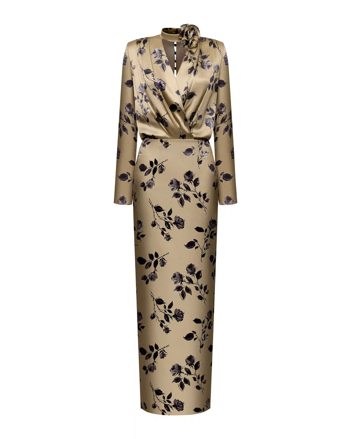 Jasmine maxi, maxi dress made of beige satin with medium floral print