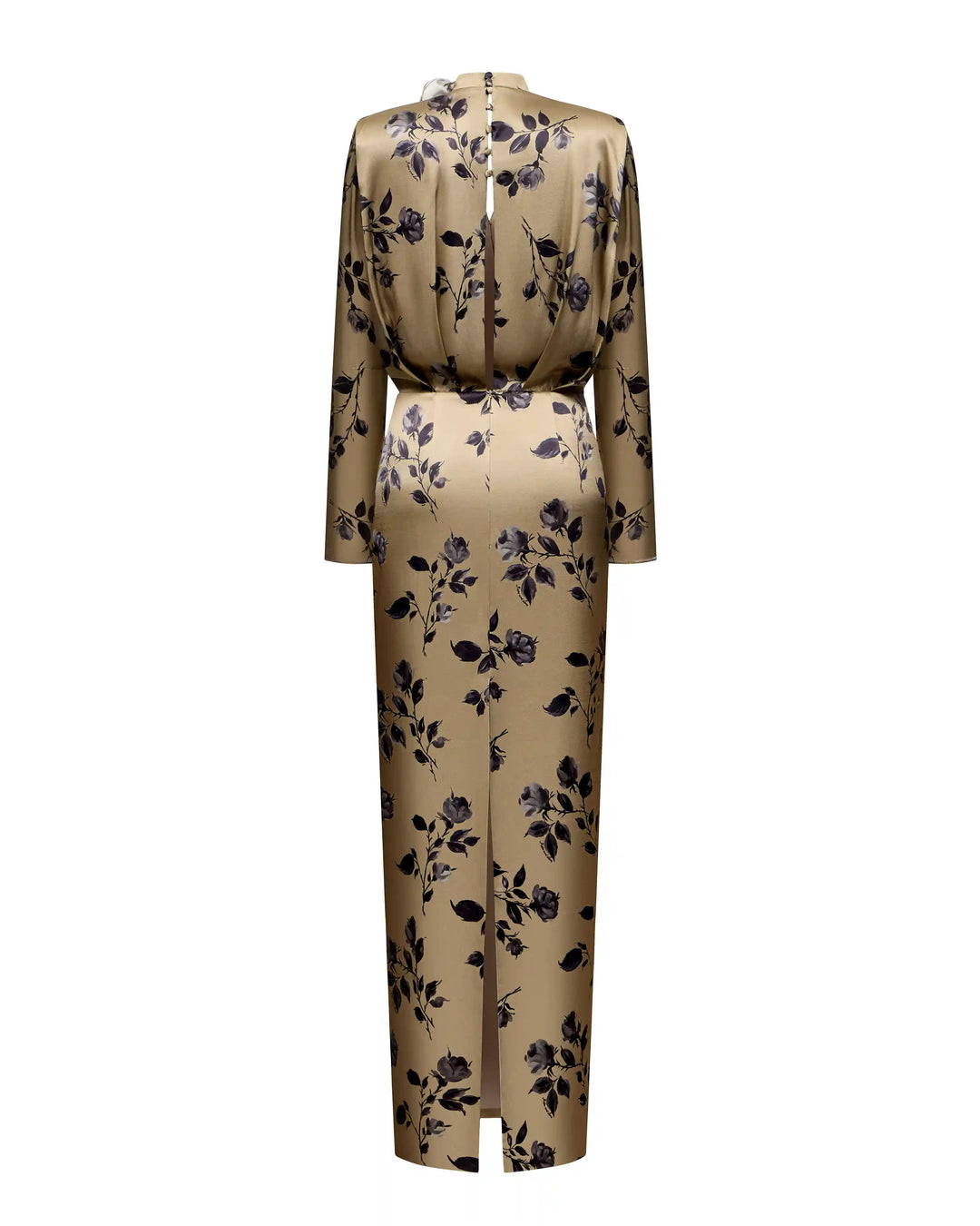 Jasmine maxi, maxi dress made of beige satin with medium floral print