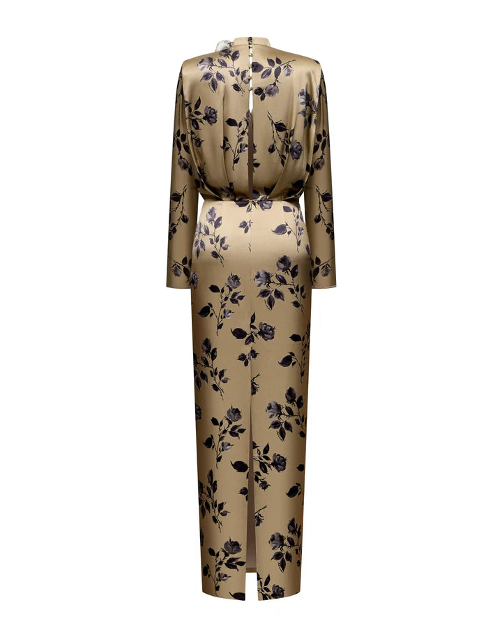 Jasmine maxi, maxi dress made of beige satin with medium floral print