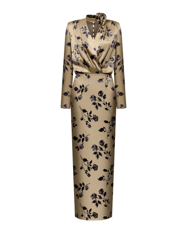 Jasmine maxi, maxi dress made of beige satin with medium floral print