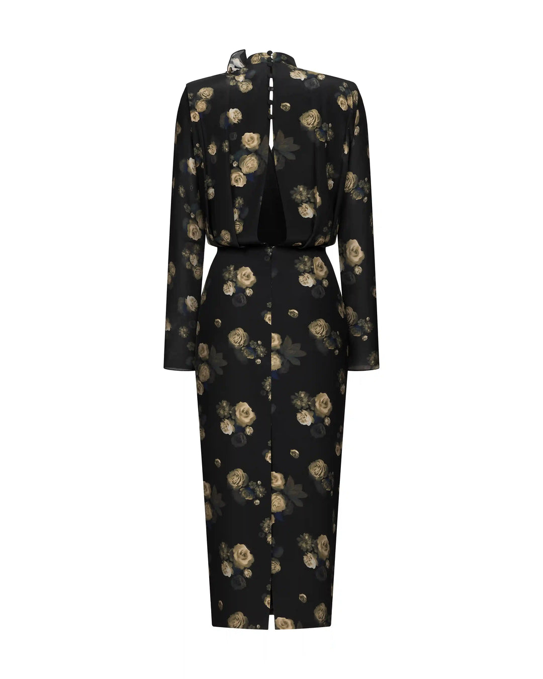 Jasmine midi, midi dress made of black crepe de chine with floral print