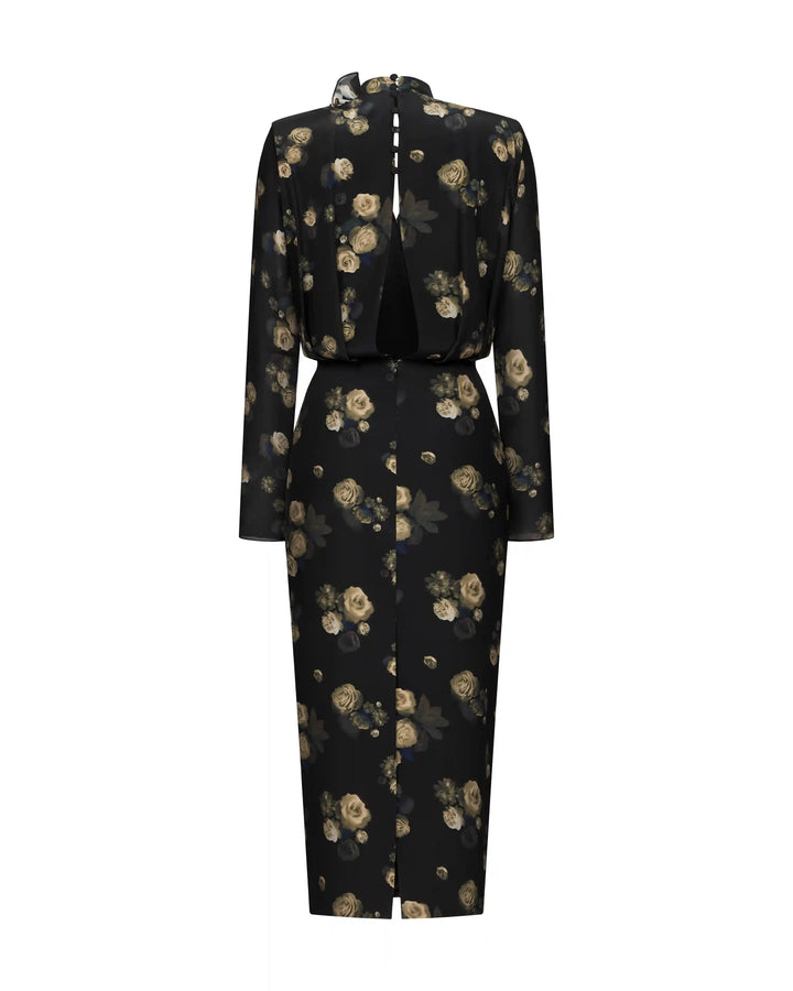 Jasmine midi, midi dress made of black crepe de chine with floral print