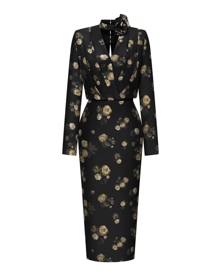 Jasmine midi, midi dress made of black crepe de chine with floral print