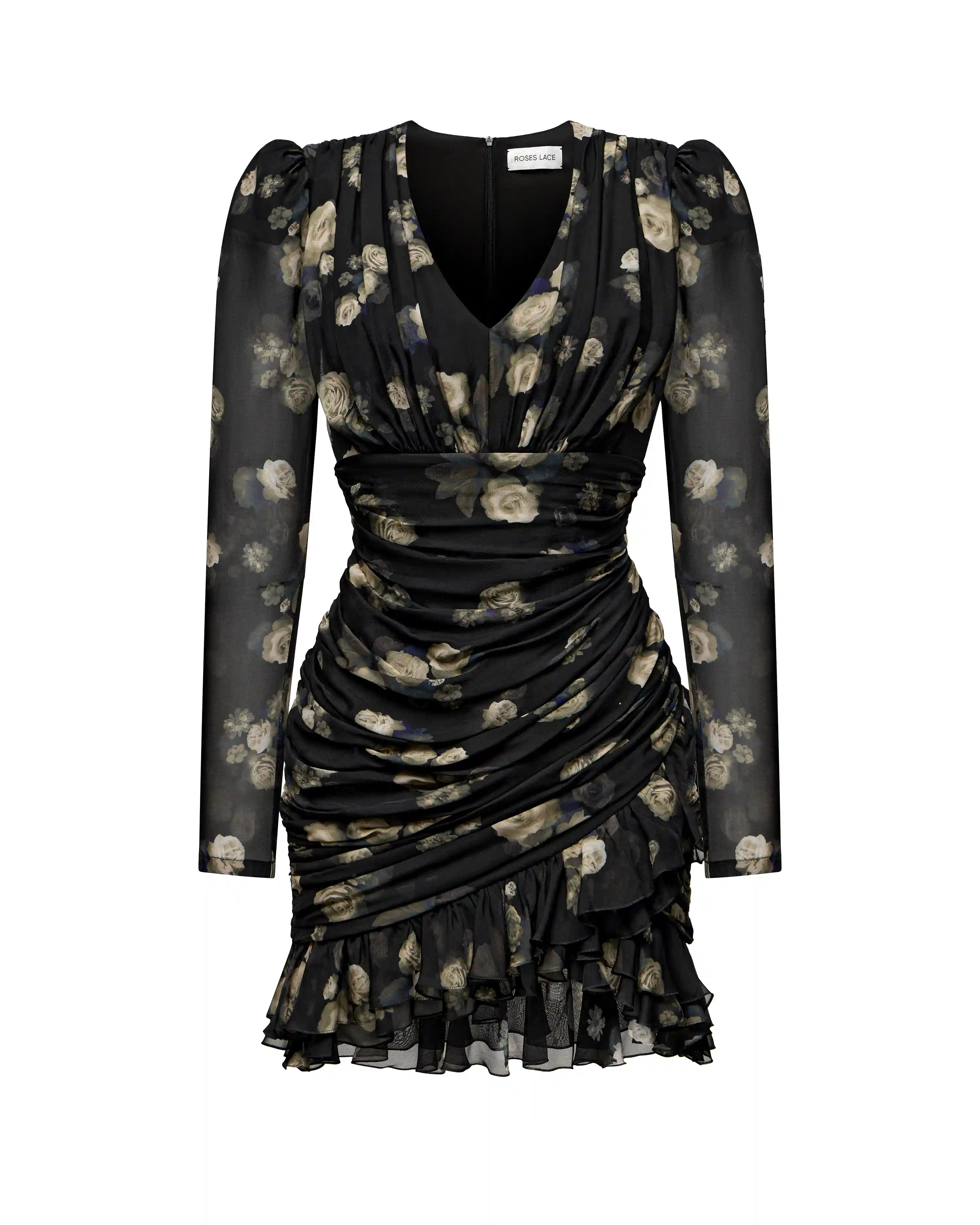 Josephine sleeves, mini dress with long sleeves made of black chiffon with floral print