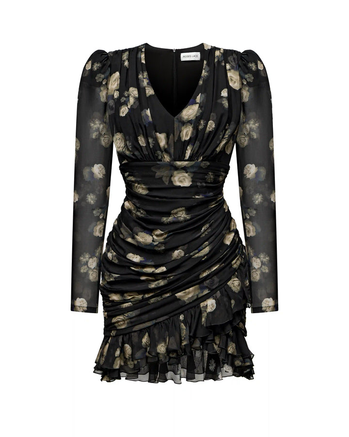 Josephine sleeves, mini dress with long sleeves made of black chiffon with floral print