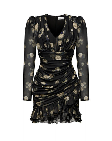 Josephine sleeves, mini dress with long sleeves made of black chiffon with floral print