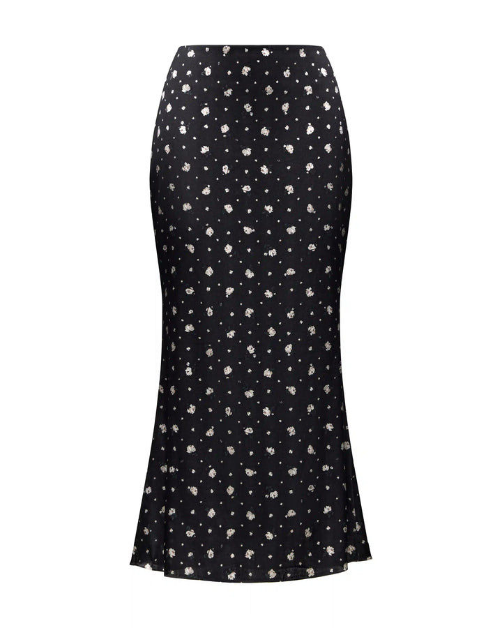 Kerelin, midi skirt made of black satin with small floral print