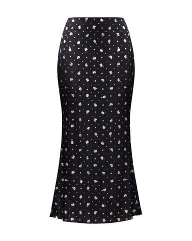 Kerelin, midi skirt made of black satin with small floral print