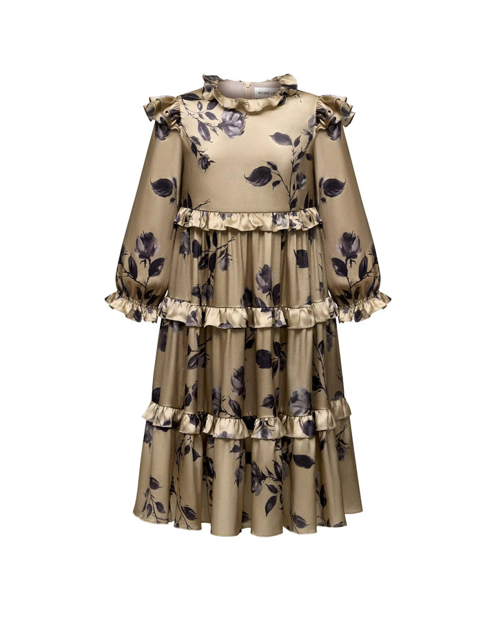 Alisa frill, children's dress made of beige satin with medium floral print