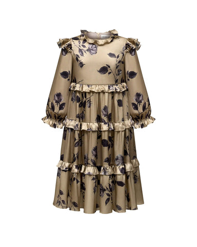 Alisa frill, children's dress made of beige satin with medium floral print