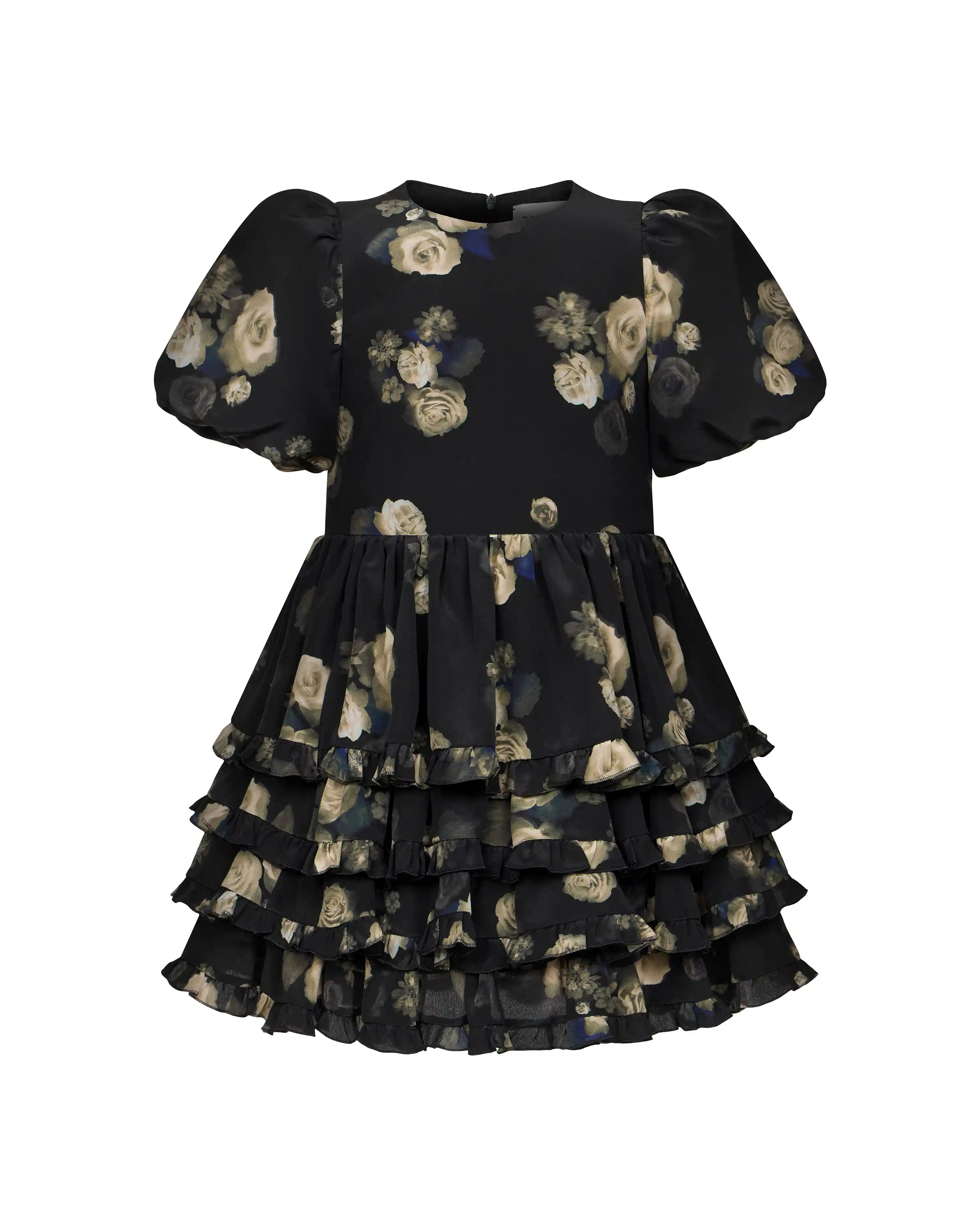 Fifi frill, children's dress made of black crepe de chine with floral print