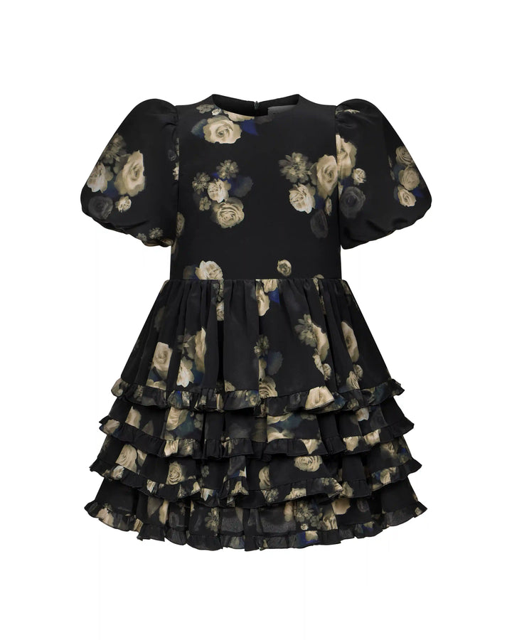 Fifi frill, children's dress made of black crepe de chine with floral print