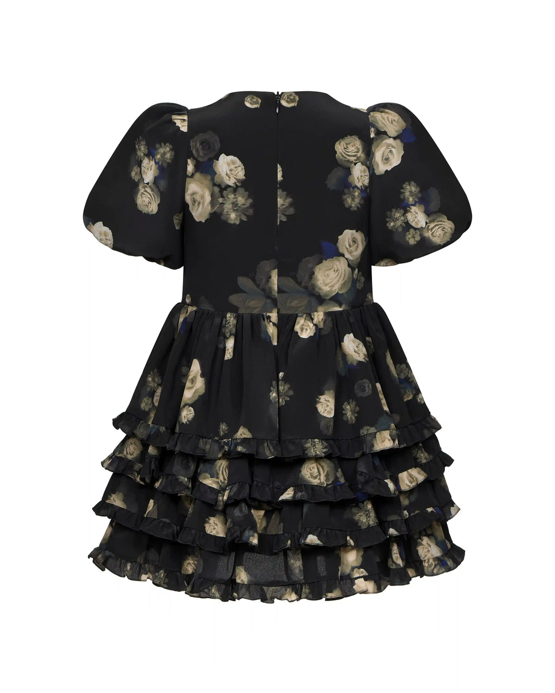Fifi frill, children's dress made of black crepe de chine with floral print