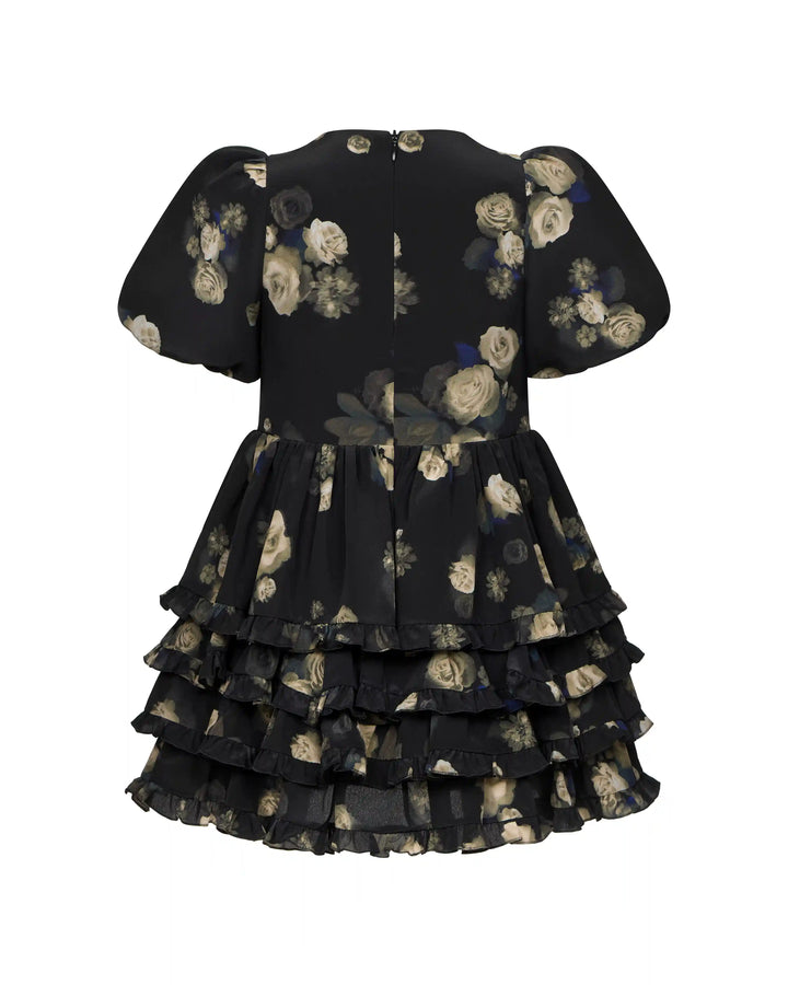 Fifi frill, children's dress made of black crepe de chine with floral print