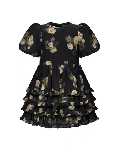 Fifi frill, children's dress made of black crepe de chine with floral print