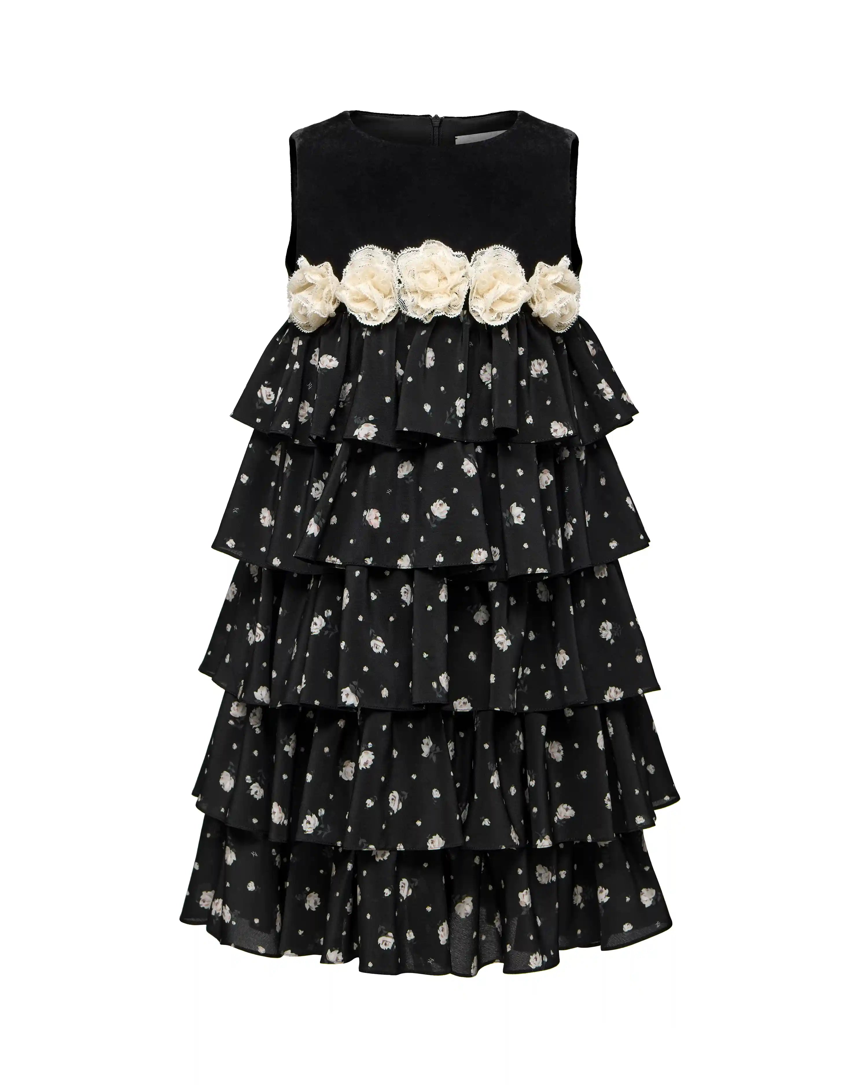 Kiki, children's dress made of black velvet and crepe de chine with small floral print