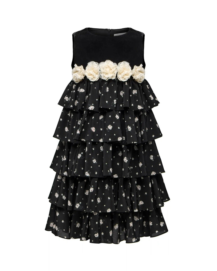 Kiki, children's dress made of black velvet and crepe de chine with small floral print