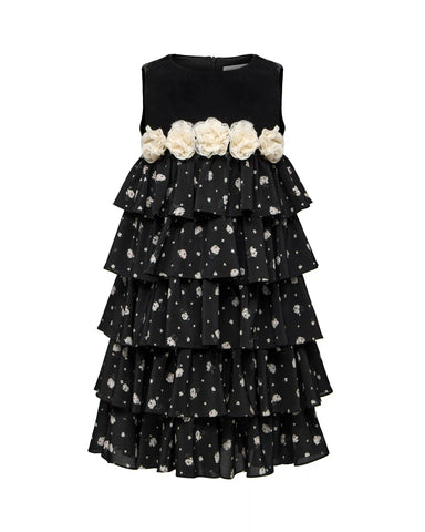 Kiki, children's dress made of black velvet and crepe de chine with small floral print