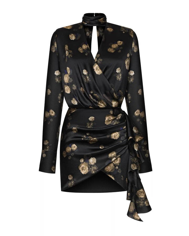 Leah, mini dress madde of black satin with floral print