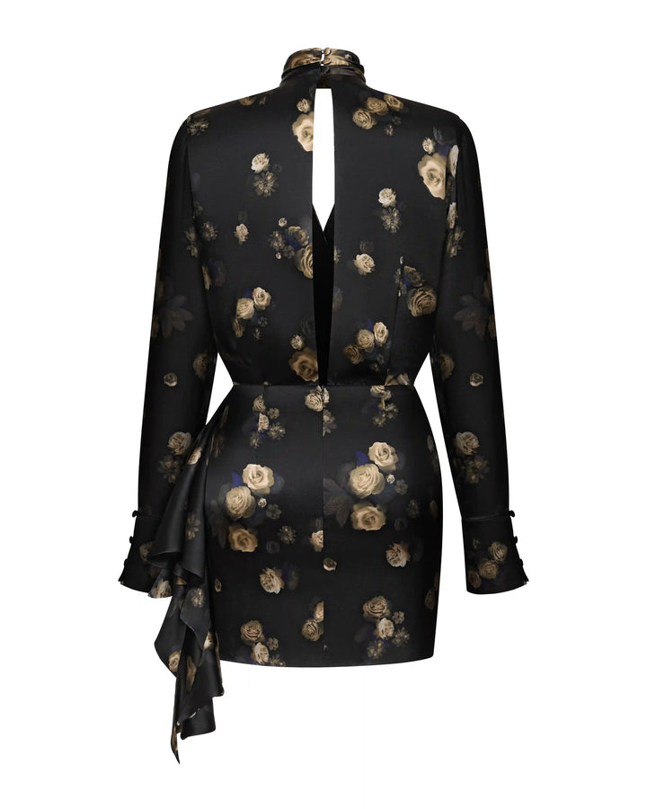 Leah, mini dress madde of black satin with floral print