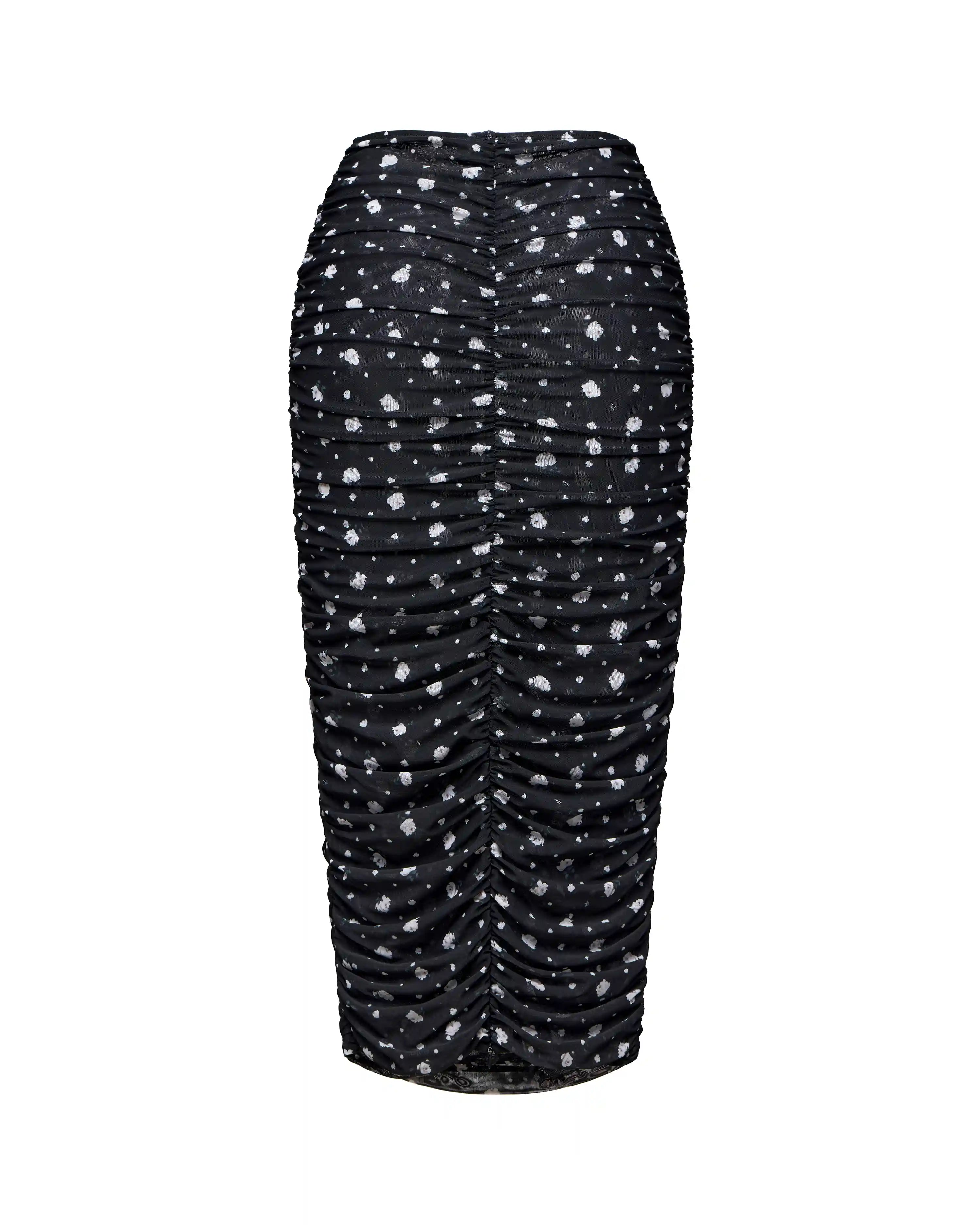 Lia midi, midi skirt made of black mesh with small floral print