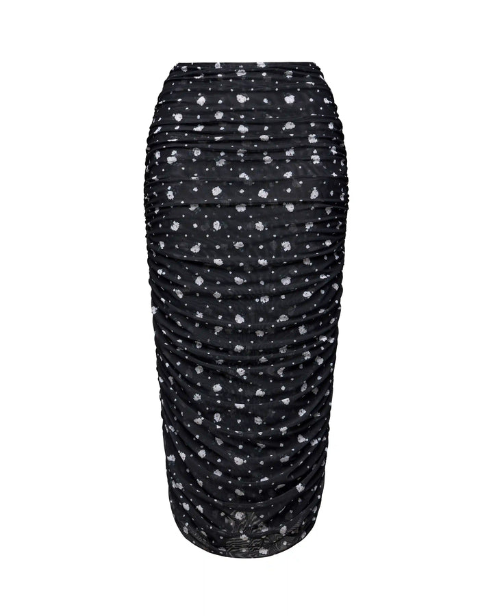 Lia midi, midi skirt made of black mesh with small floral print