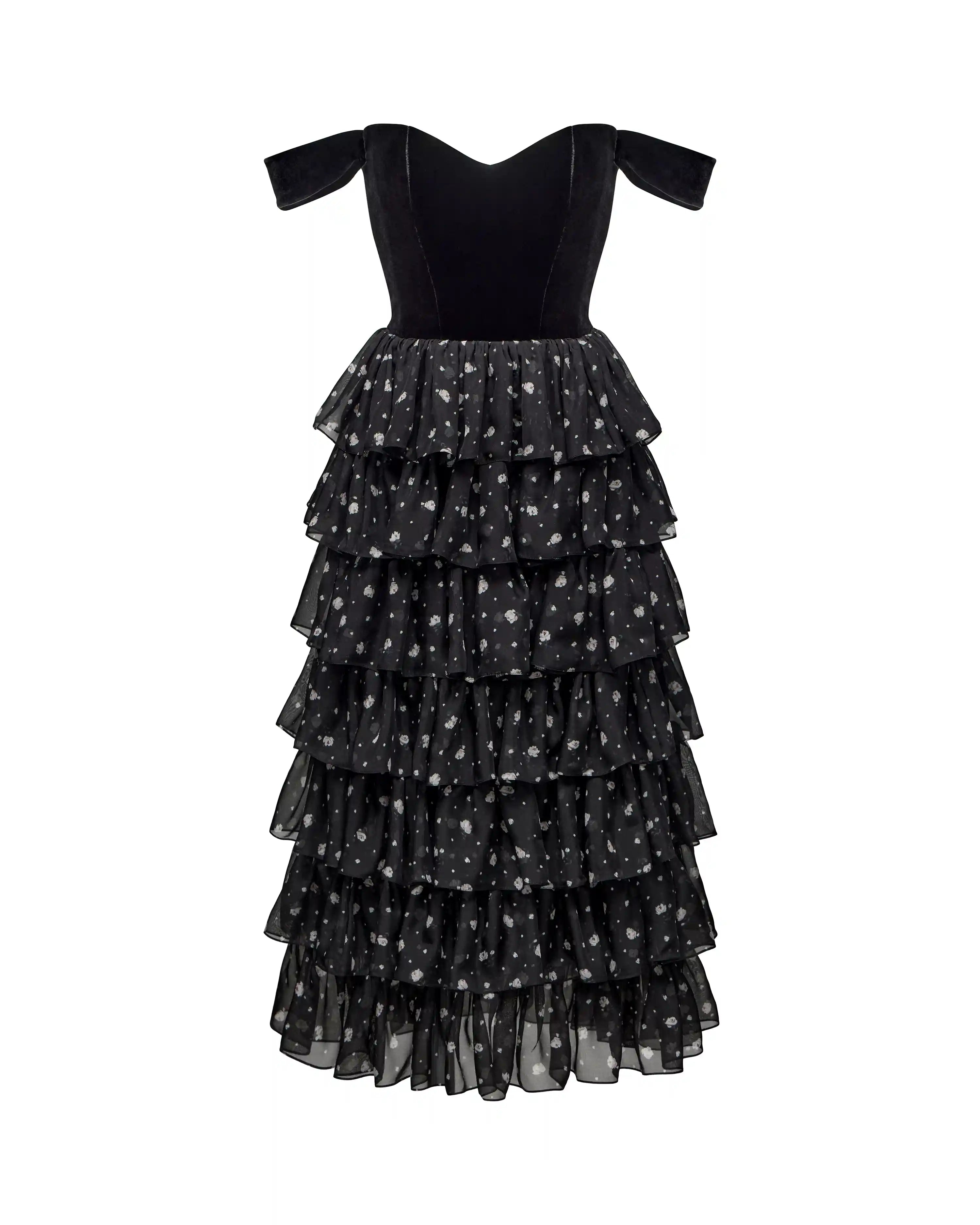 Lisen, corset midi dress made of black velvet and chiffon with small floral print