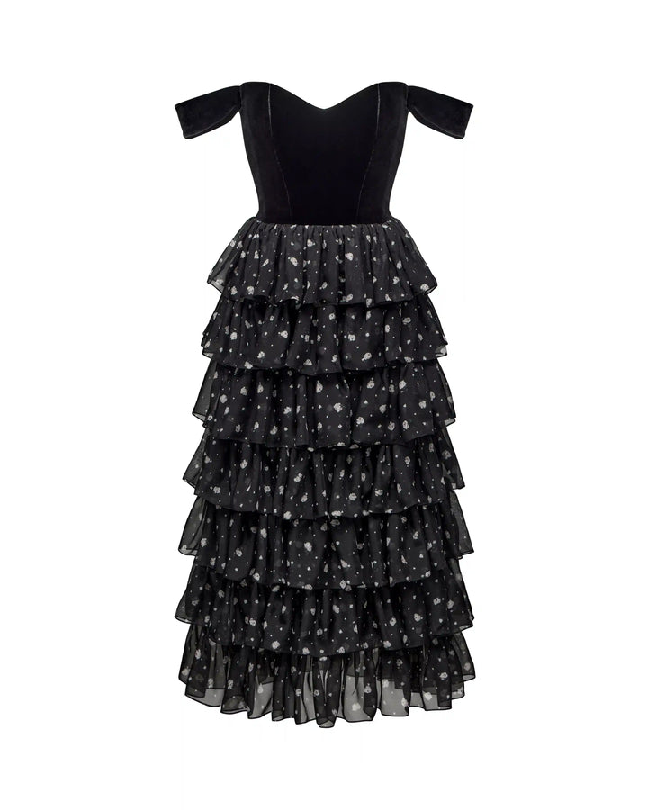 Lisen, corset midi dress made of black velvet and chiffon with small floral print