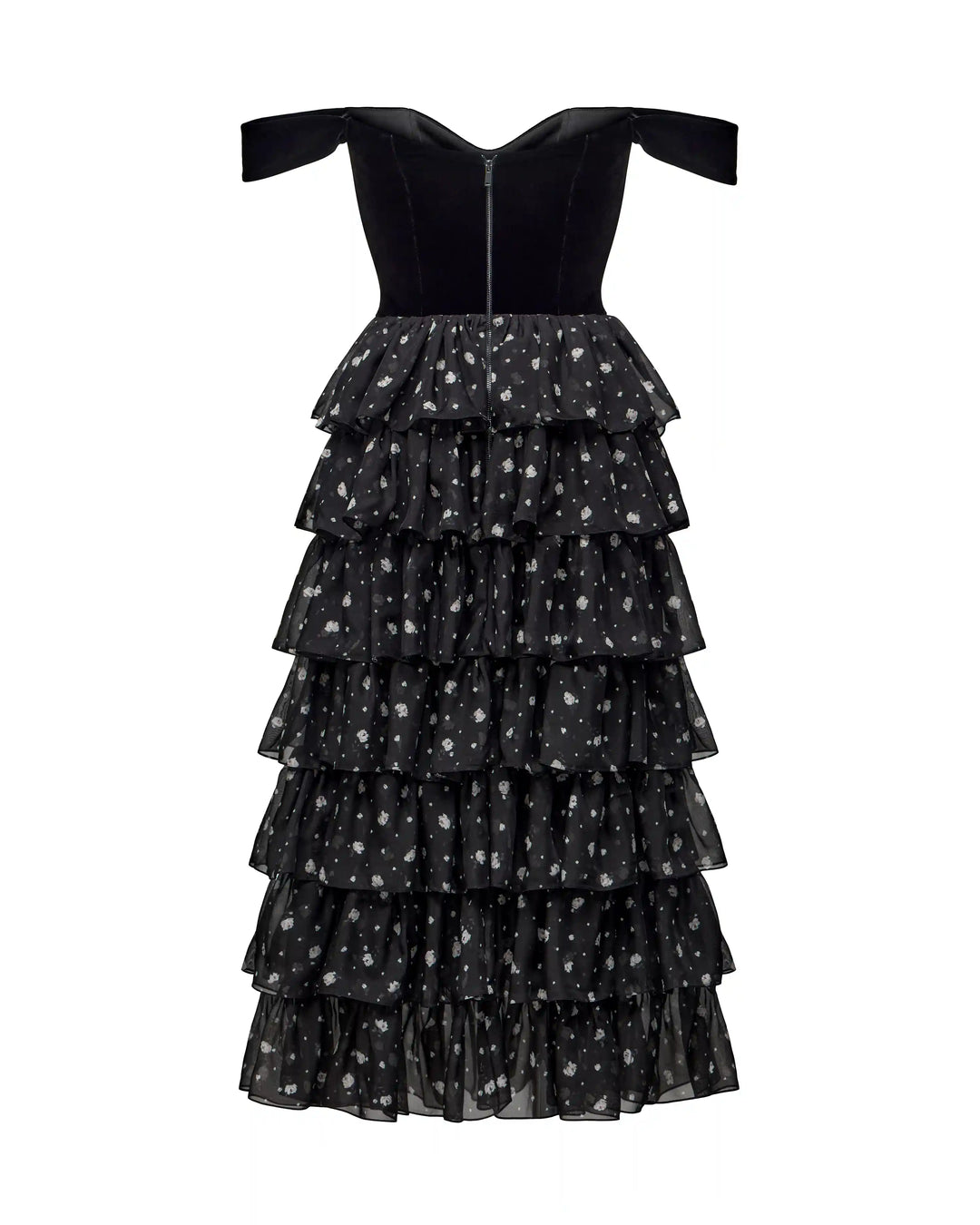 Lisen, corset midi dress made of black velvet and chiffon with small floral print