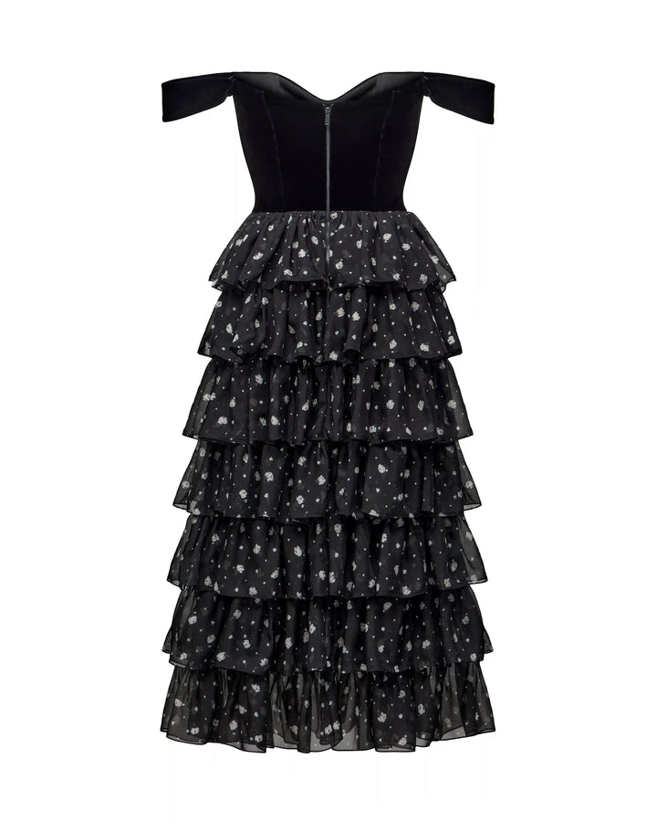 Lisen, corset midi dress made of black velvet and chiffon with small floral print