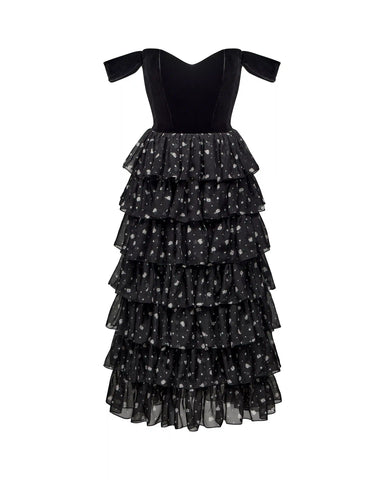 Lisen, corset midi dress made of black velvet and chiffon with small floral print
