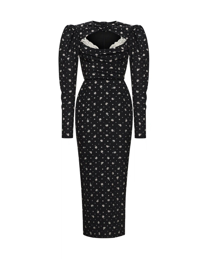 Macel midi, dress made of black crepe de chine with small floral print