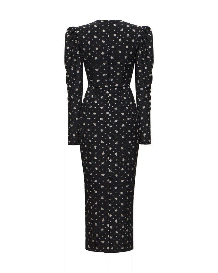 Macel midi, dress made of black crepe de chine with small floral print