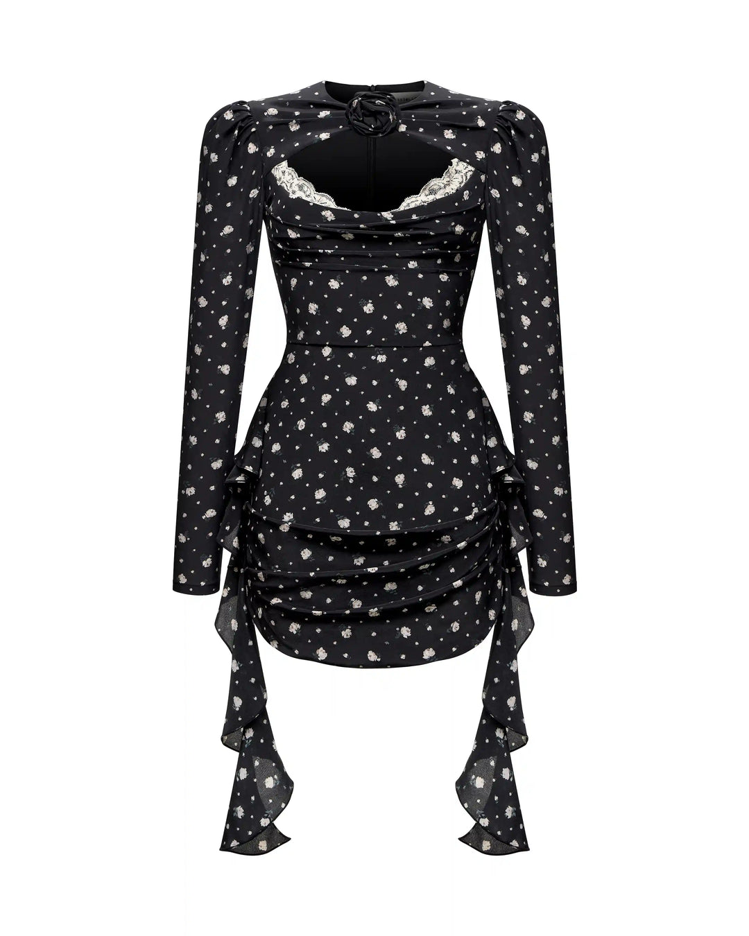 Macy, dress made of black crepe de chine with small floral print ROSES LACE Macy, dress made of black crepe de chine with small floral print ROSES LACE