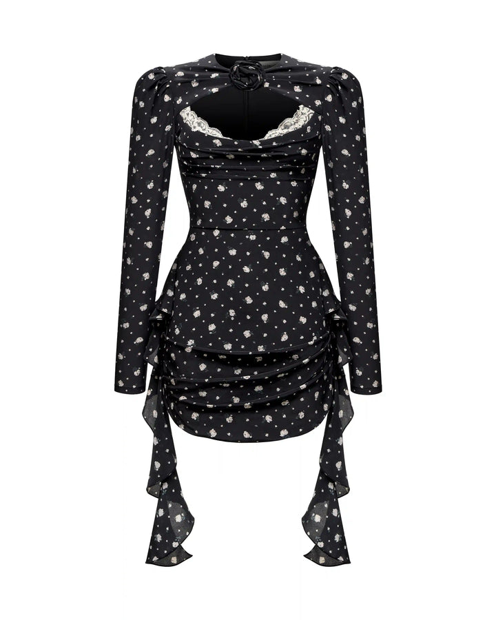 Macy, dress made of black crepe de chine with small floral print