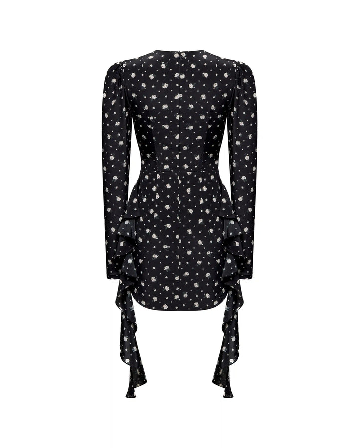Macy, dress made of black crepe de chine with small floral print