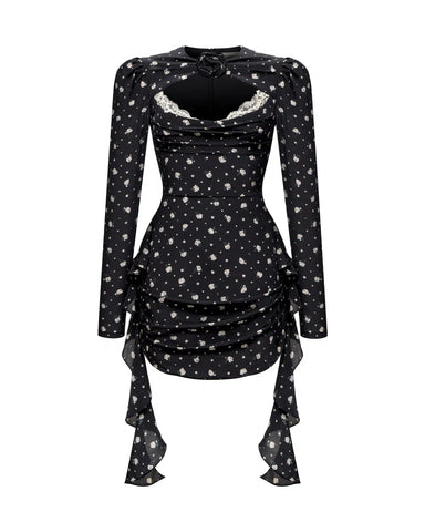 Macy, dress made of black crepe de chine with small floral print