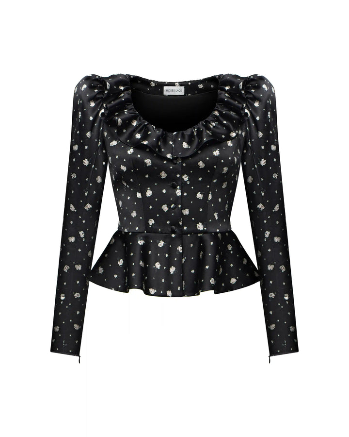 Ri, jacket made of black satin with small floral print
