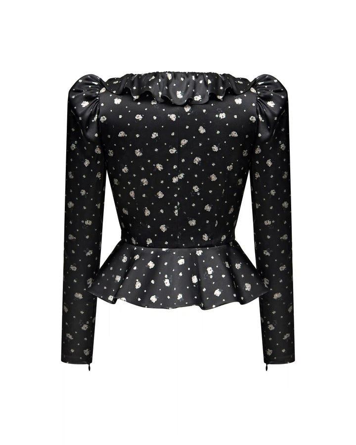 Ri, jacket made of black satin with small floral print