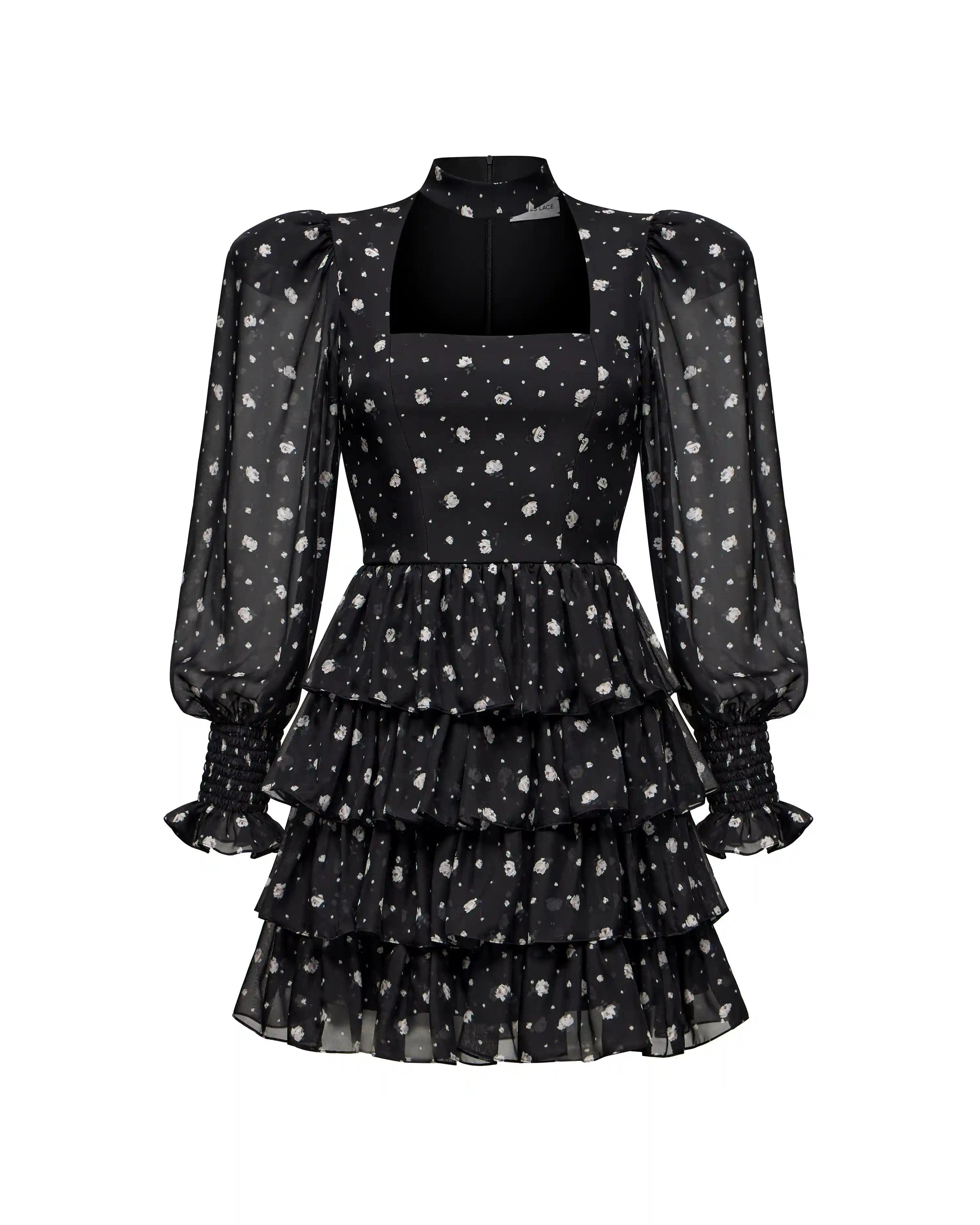 Valerie mini, mini dress made of black chiffon with floral print