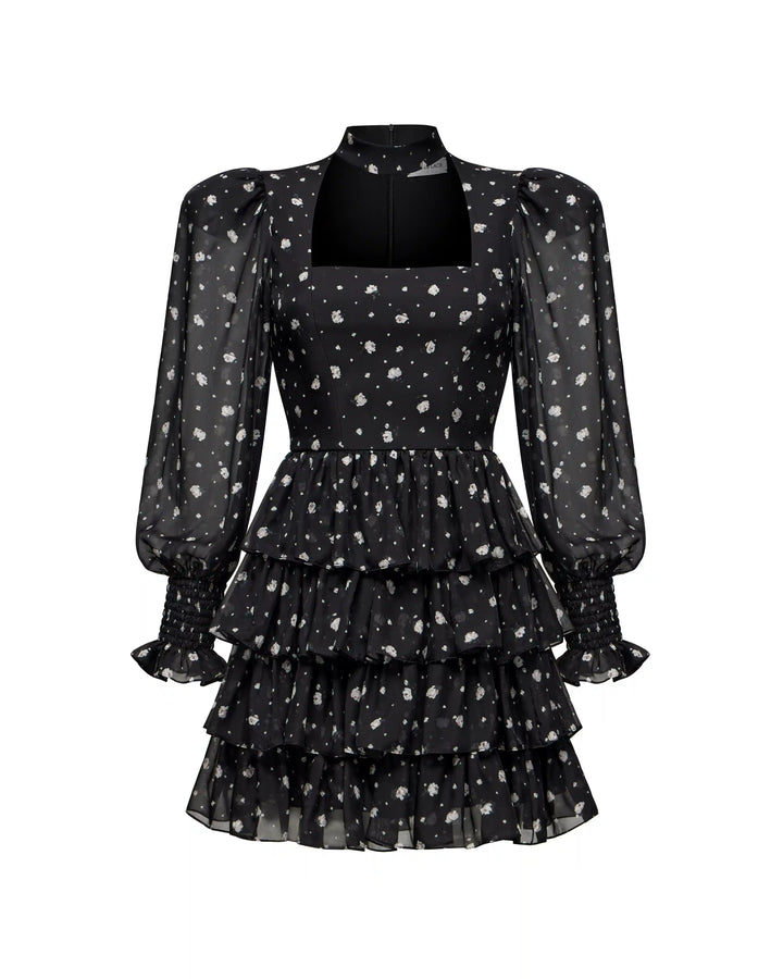 Valerie mini, mini dress made of black chiffon with floral print