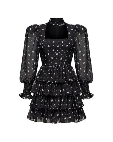 Valerie mini, mini dress made of black chiffon with floral print