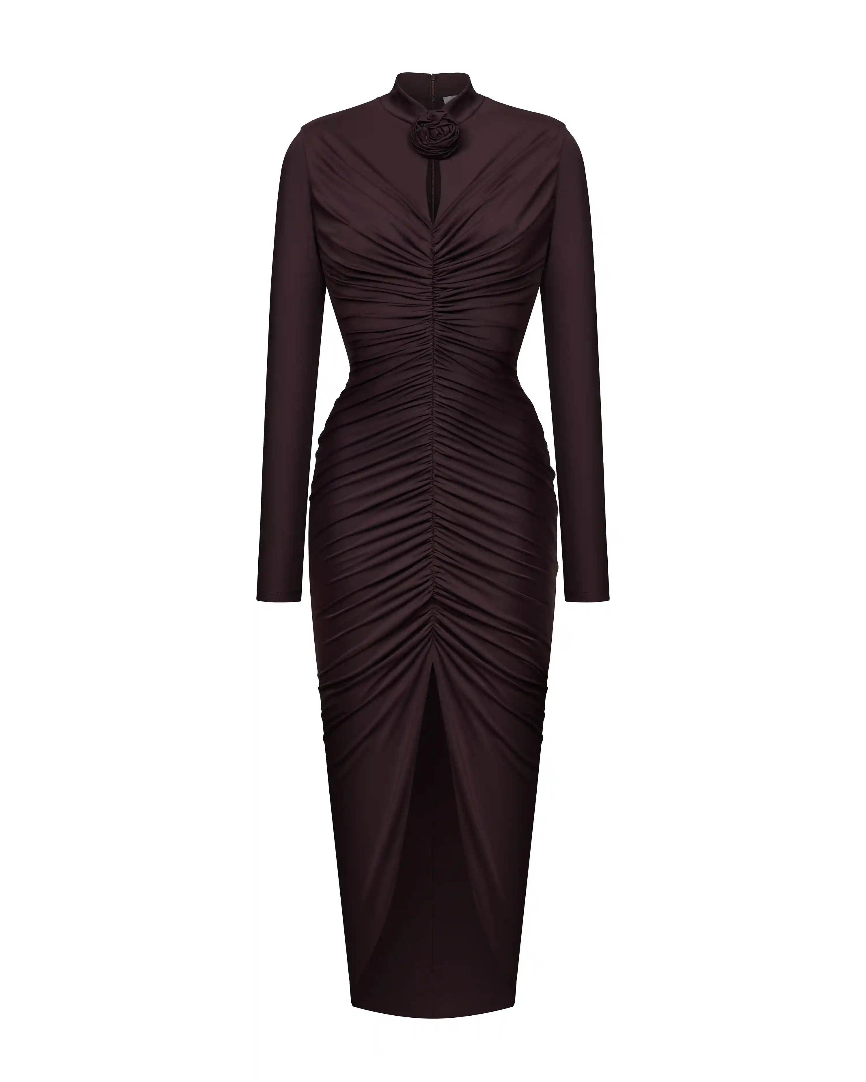 Ami, draped midi dress made of chocolate biflex