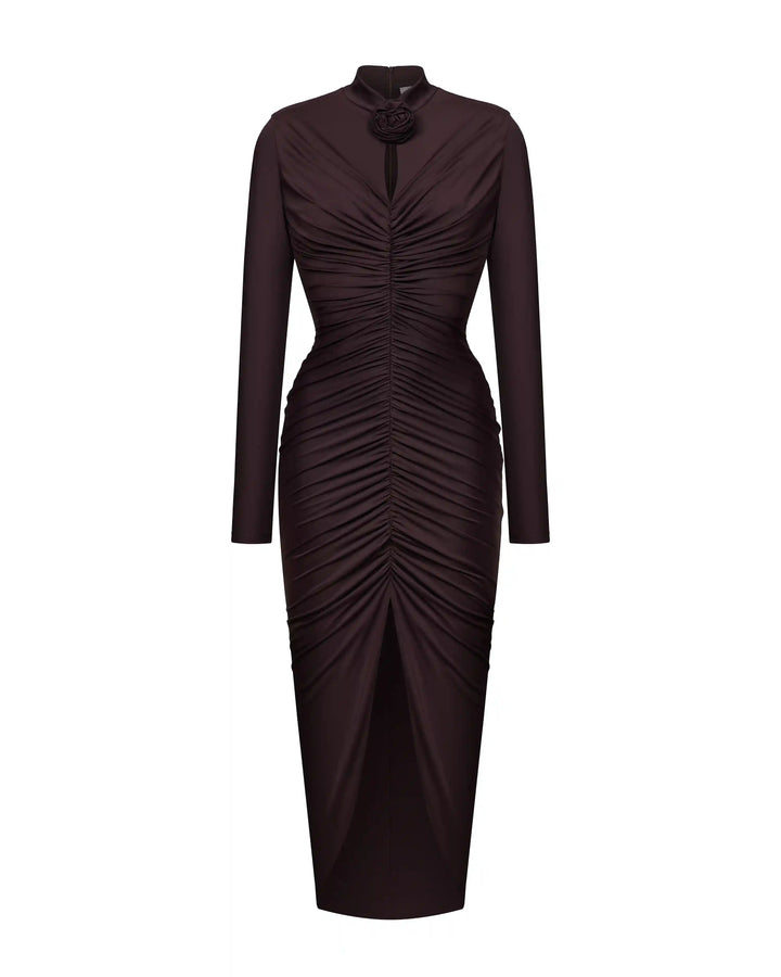 Ami, draped midi dress made of chocolate biflex