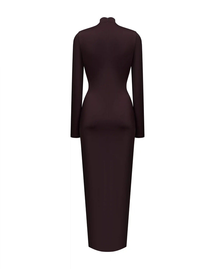 Ami, draped midi dress made of chocolate biflex