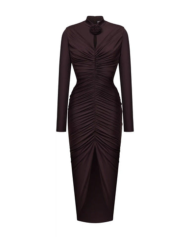 Ami, draped midi dress made of chocolate biflex
