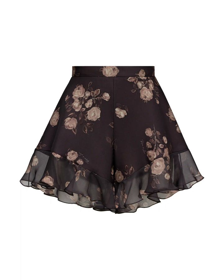 Audrie, mini shorts with ruffles made of chocolate crepe de chine with floral print