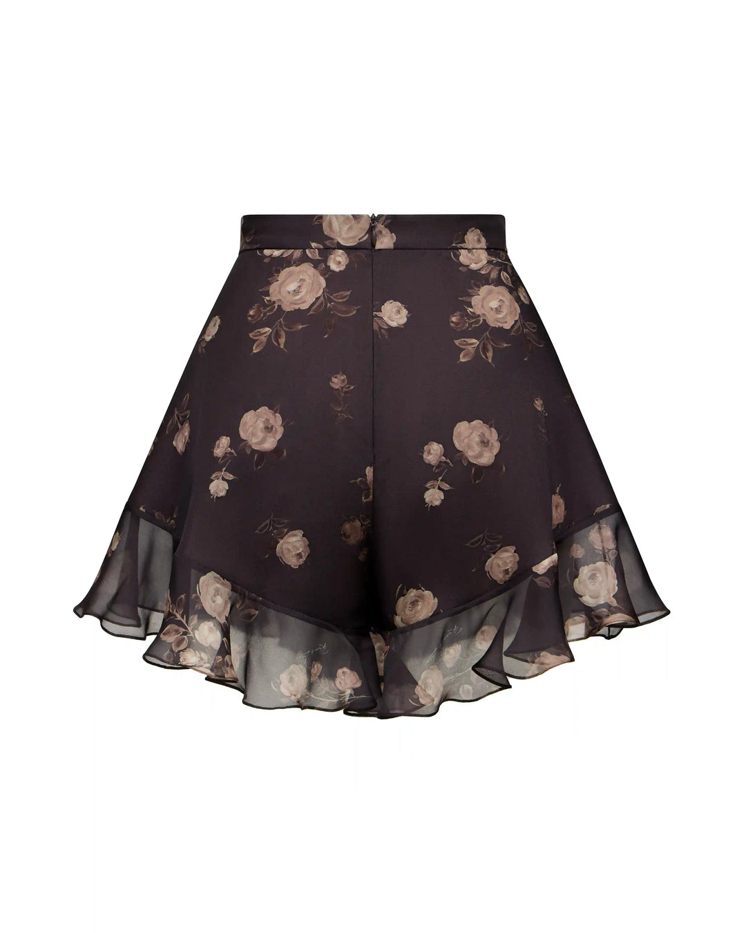 Audrie, mini shorts with ruffles made of chocolate crepe de chine with floral print